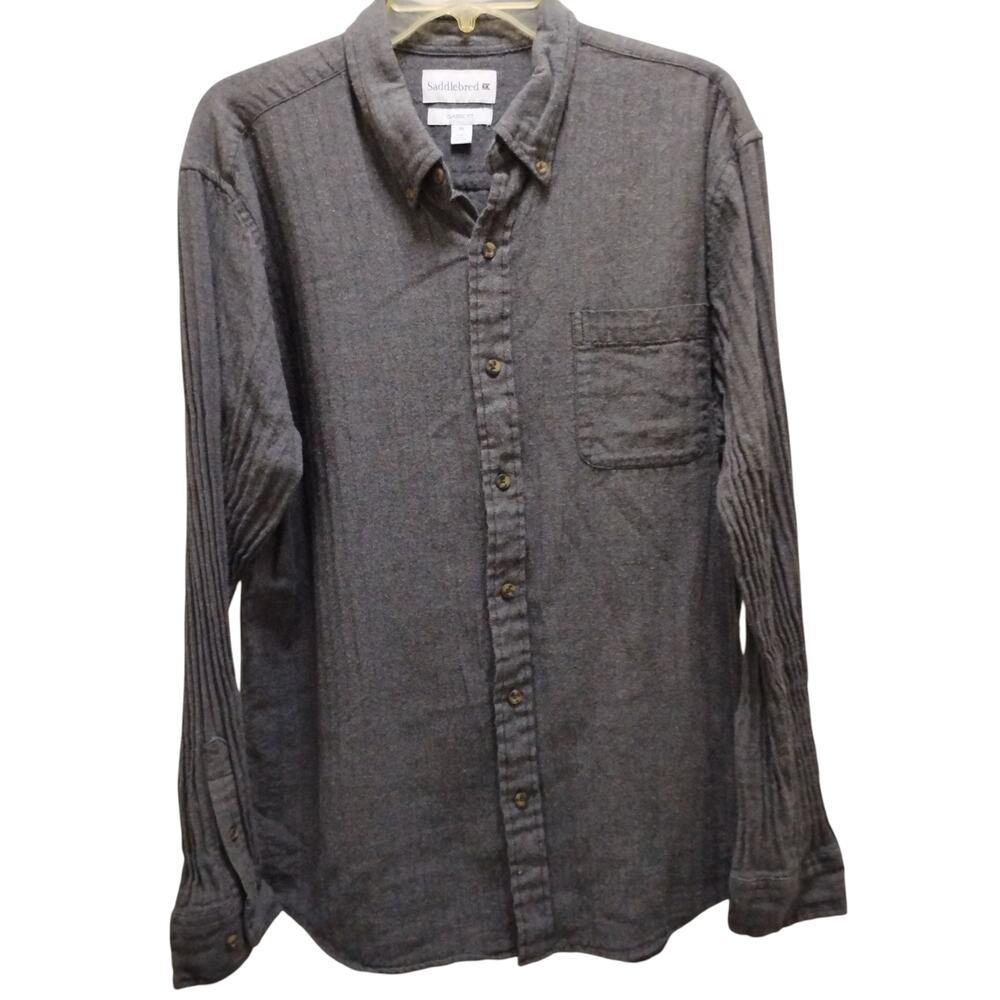 🏁👔Classic Fit Shirt XL Herringbone Button Down Long Sleeve Gray Saddlebred